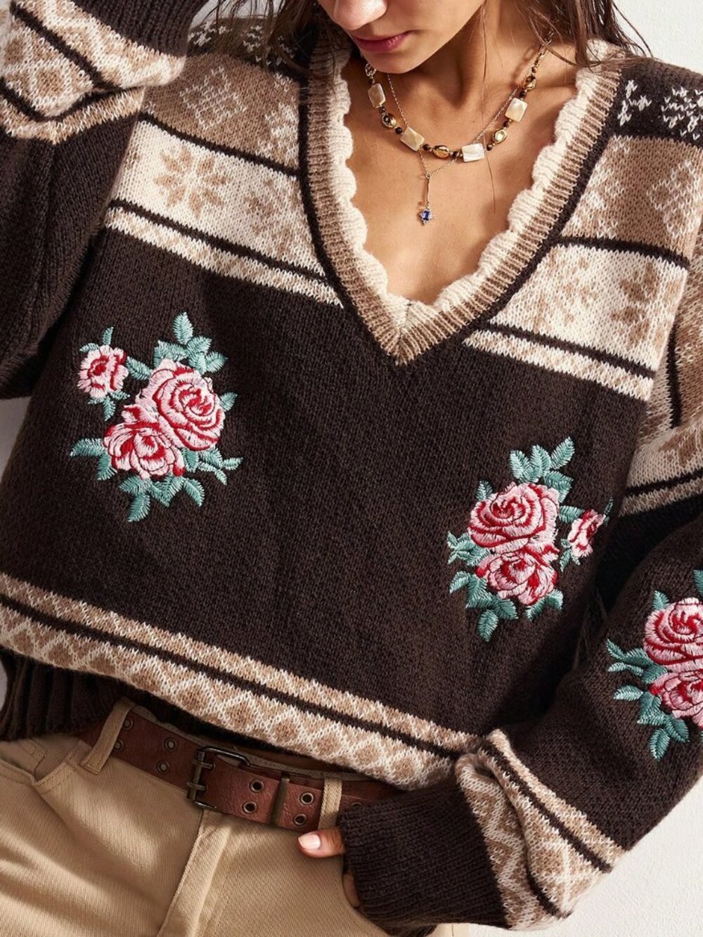 Mocha Brown Casual Women's Jacquard Contrast Color Embroidered Knit Cardigan - Picture 9 of 10